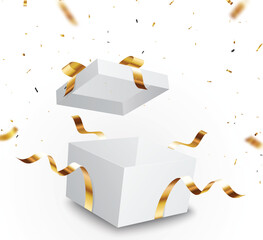 Wall Mural - open gift box with gold confetti , isolated on transparent background