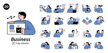 Business People Upper Body Character Set. Vector Design In Blue Monocolor With Outline.