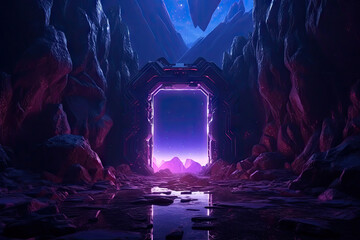 Wall Mural - Abstract portal stone gate with neon circle glowing light in the dark space landscape of cosmic, rocky mountain stone field, spectrum light effect