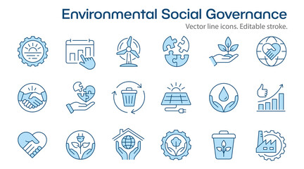 ESG flat icons, such as ecology, environment social governance, risk management, sustainable developmen and more. Editable stroke.