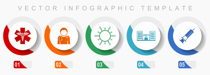 Leinwandbilder - Healthcare icon set, miscellaneous icons such as emergency, doctor, virus, hospital and syringe, flat design vector infographic template, web buttons in 5 color options