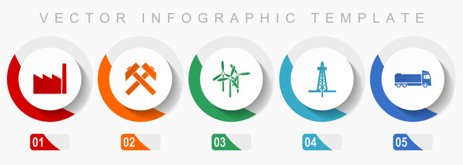 Aufkleber - Industry and technology icon set, miscellaneous icons such as factory, mining, wind energy, oil and truck, flat design vector infographic template, web buttons in 5 color options
