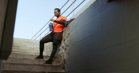 Poster - Fitness, check time and black man for performance, health tracking and mobile app on stairs with water. Sports, wellness and person on smart watch for marathon training, exercise and runner workout