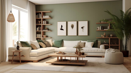 Wall Mural - Green living room interior design with neutral color sofa, indoor plant and wall art, modern minimal japandi scandinavian living room 3d illustration.