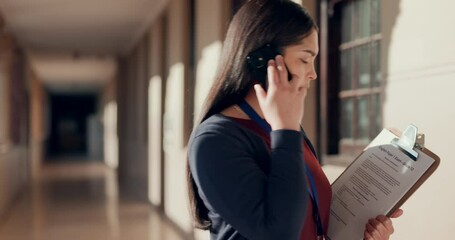 Aufkleber - School, phone call and teacher in hallway with clipboard for learning, lesson agenda and education. Teaching, academy and woman on smartphone for communication, talking and discussion at college