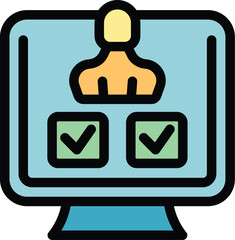 Sticker - Monitor ballot icon outline vector. Public vote. Election online color flat