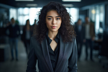 Wall Mural - a young Asian female manager in a stylish suit with curly hair looking at the camera in a contemporary office - Generative AI