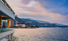 Panorama Of Monaco Coastline And Luxury Buildings In Monte Carlo Principality