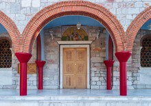 View Of The Entrance Of Greek Orthodox Church Of Saint Nicholas In Delphi.