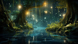 Fototapeta Fototapeta las, drzewa - Magical lights sparkling in forest at night, firefly, fantasy fairytale scenery