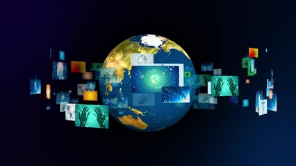 Poster - Planet earth and digital screens concept. Global network.