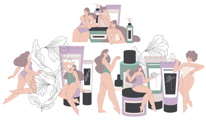 Wall Mural - Beauty Treatment Procedure with Woman Use Cosmetic Product for Body Care Vector Set