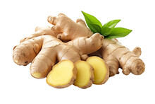 Fresh Ginger Root With Green Leaves And Lemon Wedges Isolated On Transparent Background - A Natural Remedy For Colds And Flu