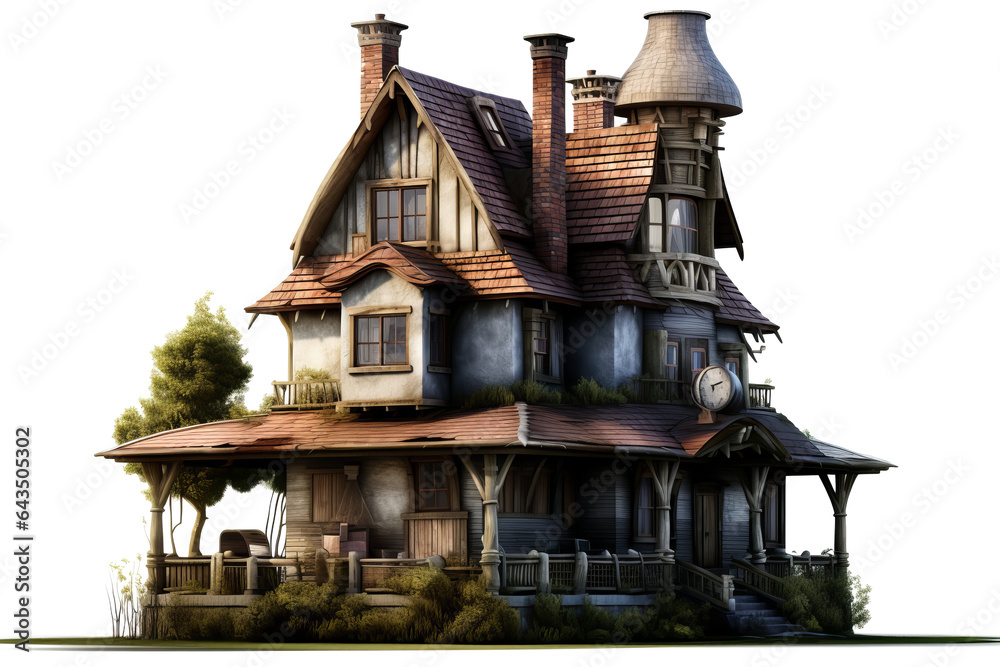 Victorian style house with turret and porch in a lush garden setting ...