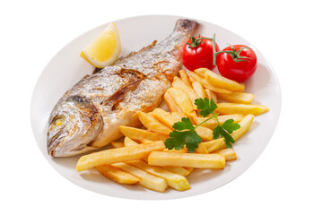 Canvas Print - Plate of baked fish and french fries isolated on transparent background