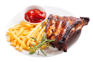 Wall Mural - plate of grilled pork ribs with french fries isolated on transparent background