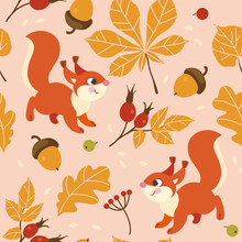 Colorful Autumn Seamless Pattern With Cute Squirrel, Acorn, Rosehip, Leaves In Flat Style. Endless Texture For Fabric, Clothes, Background, Textile, Wallpaper. Vector Illustration.