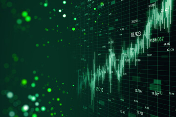 Poster - Creative web landing page with glowing candlestick forex chart on blurry backdrop. Trade, finance and index concept. 3D Rendering.