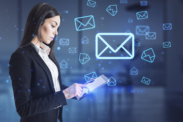 Aufkleber - Attractive europeaqn businesswoman using mobile phone with glowing email letter icons on blurry office interior background. Communication and business message concept.