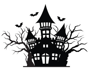 Wall Mural - Haunted house halloween with bat and dry tree