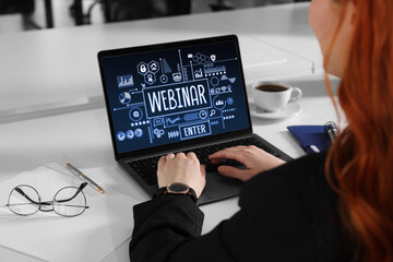 Sticker - Online webinar, web page on computer screen. Woman using laptop at white table, closeup