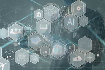 Leinwandbilder - Artificial Intelligence AI, Internet of Things IoT. Business man using laptop computer on technology background, big data, deep learning, smart phone chatbot application, 4.0 industrial technology.
