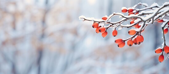 Poster - Rosehips on a twig against a blurry forest backdrop with space on the left side of the horizontal image