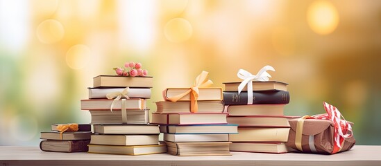 Poster - Celebration of book lovers with stack of books and text copy space