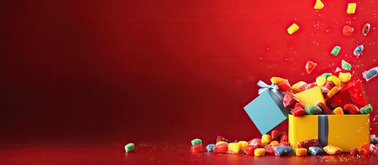 Poster - Assorted traditional candies falling out of gift box in corner on colored background conveying Happy Holidays sale concept