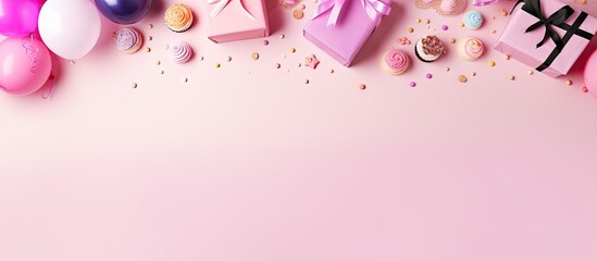 Poster - Colorful birthday party tools with copy space arranged on a pink background for a greeting card
