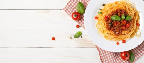 Poster - Italian pasta bolognese with spaghetti meat tomato sauce cherry tomatoes and basil