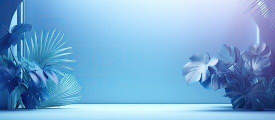 Poster - Studio background with blue color gradient empty room with window shadows flowers and palm leaves 3D room with copy space for product presentation