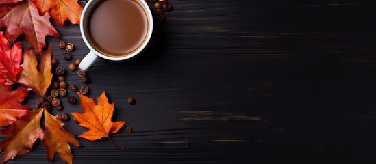 Aufkleber - Autumn atmosphere with coffee and colorful leaves on dark background Top view with space for text