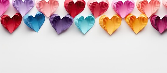 Poster - Abstract background with multicolored velvet paper hearts on white surface accentuated by shadow and light Texture and copy space included