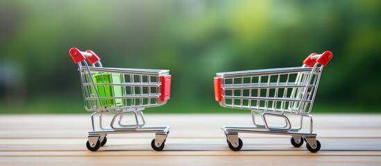 Wall Mural - Empty mini shopping carts or supermarket trolleys displayed on a wooden table representing e commerce and online business