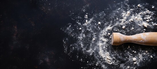 Aufkleber - Black background top view with copy space rolling pin and flour