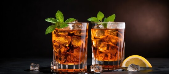 Aufkleber - Studio shot of two iced teas with mint leaves ice cubes and copy space