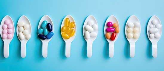 Poster - Colorful medical pills on a white spoon on a blue background with empty area for text