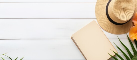 Aufkleber - Beach accessories on background empty writing book with space for text