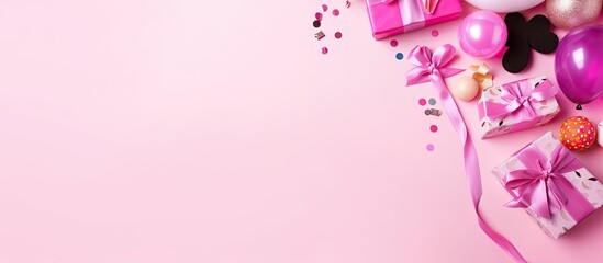 Poster - Colorful birthday party tools with copy space arranged on a pink background for a greeting card