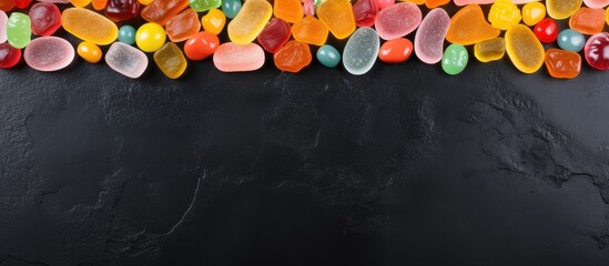 Fototapete - Colorful sweet jelly candies displayed on a black stone background with space in the middle for copy Unhealthy food dessert arranged flat