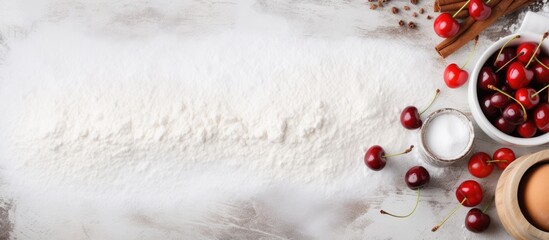 Leinwandbilder - Top view of a rustic white table with fresh cherries flour egg cinnamon and roller pin Wide space for text