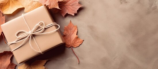 Aufkleber - Autumn themed composition with wrapped gift rustic background Fall concept flat lay copy space