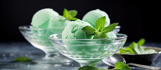 Poster - Close up of ice cream balls in bowl mint flavor
