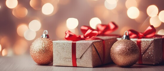 Poster - Close up of Christmas background with red ribbons and shiny tree balls