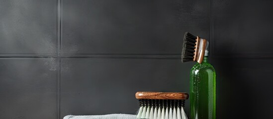 Aufkleber - A brush with long handle and thick bristles rests beside shower gel shampoo and liquid soap