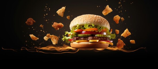 Poster - Burger with flying ingredients on black background