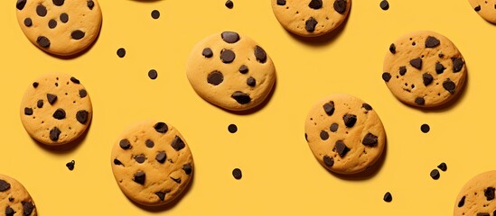 Poster - American cookies with chocolate pieces forming a seamless pattern on a yellow background