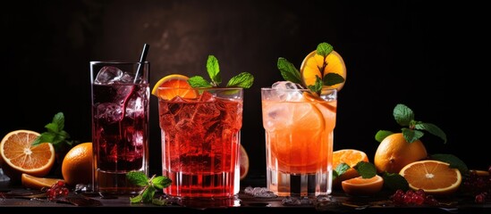 Fototapete - Fruit mint and ice adorn black table with tasty rum and vodka beverages