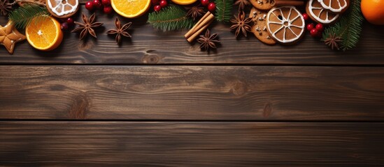 Poster - Christmas baking ingredients including gingerbread fruitcake and seasonal drinks arranged on a wooden table with cranberries dried oranges cinnamon spices